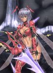  antennae aqua_eyes armor bikini_armor breasts cleavage garter_belt highres houtengeki large_breasts midriff navel original short_hair silver_hair smile solo sword thighhighs weapon wings 