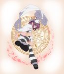  bad_id bad_pixiv_id green_eyes hat hexagram highres himano_(artist) magic_circle merry_nightmare midriff purple_hair ribbon short_hair solo striped striped_legwear thighhighs yumekui_merry 