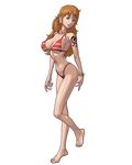  bare_shoulders barefoot bikini breasts earings earrings feet jewelry long_hair nami one_piece orange_hair solo swimsuit tattoo transparent_background 