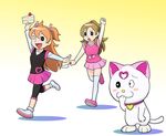  cake capri_pants cat food fujiko_f_fujio_(style) half_updo houjou_hibiki hummy_(suite_precure) minamino_kanade multiple_girls pants parody precure style_parody suite_precure ueyama_michirou 