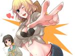  2girls america_(hetalia) axis_powers_hetalia bad_id bad_pixiv_id black_eyes black_hair blonde_hair blue_eyes bra breast_envy breasts cleavage cowboy_hat denim denim_shorts front-tie_top genderswap genderswap_(mtf) hat japan_(hetalia) large_breasts lingerie looking_at_breasts midriff multiple_girls navel no_nose one_eye_closed panties pepushii_(aguri) school_uniform serafuku shirt shorts striped striped_panties surprised tied_shirt underwear western 