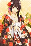  black_eyes black_hair bunny eyeshadow floral_print flower hair_flower hair_ornament heterochromia izumi_(nagashi) japanese_clothes kimono long_hair looking_at_viewer makeup original red_eyes seigaiha smile solo 