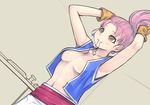  adjusting_hair armpits breasts dragon_quest dragon_quest_iii earrings elf gloves jewelry lowres mahito medium_breasts merchant_(dq3) mouth_hold no_bra open_clothes open_shirt pink_hair pointy_ears shirt solo vest yellow_eyes 