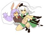  animal_ears bad_id bad_pixiv_id blazer blue_eyes blush bunny_ears carrying flower ghost hairband hitodama jacket konpaku_youmu konpaku_youmu_(ghost) koyama_shigeru long_hair multiple_girls princess_carry purple_hair red_eyes reisen_udongein_inaba revision scabbard sheath short_hair squatting sweatdrop sword touhou vest weapon white_hair 