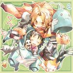  1girl :3 alphonse_elric armor bad_id bad_pixiv_id black_hair blonde_hair brothers cat closed_eyes edward_elric fullmetal_alchemist gloves happy may_chang open_mouth panda ritttz siblings sweatdrop too_many too_many_cats xiao-mei 