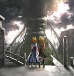  alternate_costume back blonde_hair brother_and_sister cape from_behind hand_holding holding_hands kagamine_len kagamine_rin kouji_(astral_reverie) landscape ruins scenery siblings skirt sky standing tree twins vocaloid 