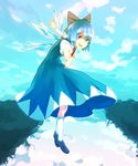  bad_id bad_pixiv_id blue_dress blue_eyes blue_hair bow cirno dress flying hair_bow highres kneehighs loafers nosuku outstretched_arms shoes smile solo spread_arms touhou water white_legwear 