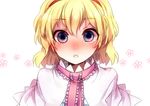  74_(teduka) alice_margatroid blonde_hair blue_eyes blush capelet face hairband highres looking_at_viewer open_mouth portrait short_hair solo surprised touhou wide-eyed 