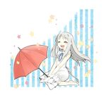  :d ano_hi_mita_hana_no_namae_wo_bokutachi_wa_mada_shiranai. barefoot closed_eyes dress honma_meiko long_hair nono_(c_taka) open_mouth silver_hair sleeveless smile solo umbrella 