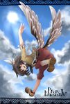  bad_id bad_pixiv_id bent_over brown_eyes brown_hair facial_mark hair_ornament highres kodamari looking_back open_mouth pixiv_fantasia pixiv_fantasia_5 sky smile solo wings 