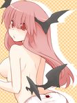  :/ arched_back back bad_id bad_pixiv_id bat_wings breasts checkered checkered_background cielo_oceano head_wings koakuma long_hair looking_back low_wings medium_breasts panties pink_hair red_eyes sideboob solo topless touhou underwear underwear_only white_panties wings 