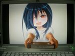  azumawari_(azumofu) azumofu blue_hair blush computer hair_over_one_eye laptop lonely long_hair photo photoshop red_eyes sadako smile the_ring through_screen vhs videocasette yamamura_sadako 