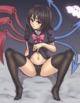  asymmetrical_wings black_hair black_legwear black_panties blush choker dress dress_lift houjuu_nue houtengeki looking_at_viewer navel panties red_eyes short_dress short_hair sitting solo spread_legs thighhighs touhou underwear wings 