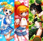  akazutsumi_momoko bandaid belt black_hair blonde_hair blue_eyes bow bubble buckle choker column_lineup flat_chest goutokuji_miyako green_eyes hair_bow heart matsubara_kaoru midriff multiple_girls navel necktie pink_eyes ponytail powerpuff_girls_z red_hair ringlets samantha_whitten shirt short_hair shorts skirt t-shirt vest watermark 