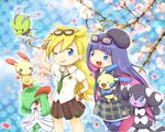  artist_request blush chuck_(psg) crossover gen_3_pokemon gen_5_pokemon gothorita kirlia minun multiple_girls one_eye_closed panty_&amp;_stocking_with_garterbelt panty_(psg) plusle pokemon pokemon_(creature) school_uniform smile stocking_(psg) 