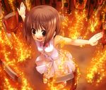  brown_eyes brown_hair dress fire fisheye hagiwara_yukiho idolmaster idolmaster_(classic) outstretched_arms perspective sandals short_hair shovel solo spread_arms tilm 