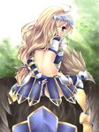  armor blonde_hair blue_eyes blush clover fingerless_gloves four-leaf_clover from_behind gloves long_hair looking_back mouth_hold panties ragnarok_online royal_guard solo sorai_shin'ya underwear 