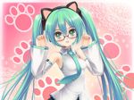  animal_ears armpits cat_ears detached_sleeves glasses green_eyes green_hair hatsune_miku highres long_hair mikumikudance necktie norita nyanyanyanyanyanyanya!_(vocaloid) paw_pose solo twintails vocaloid vocaloid_(lat-type_ver) 