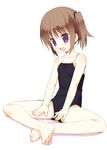  barefoot blush brown_hair child competition_school_swimsuit crossed_legs fang feet flat_chest full_body legs leotard meito_(maze) one-piece_swimsuit one_side_up original purple_eyes short_hair sitting solo swimsuit 