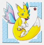  canine digimon feral fox green_eyes renamon sitting sparkledog tail unknown_artist yellow 