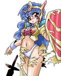  bad_id bad_pixiv_id blue_hair blush fandora headgear jewelry long_hair looking_at_viewer mujigen_hunter_fandora necklace okuri_ookami oldschool panties pauldrons purple_eyes shield simple_background solo sword torn_clothes underwear weapon white_background wrist_cuffs 