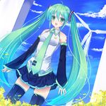  ahoge bad_id bad_pixiv_id cloud day detached_sleeves ebicha fang green_eyes green_hair hatsune_miku highres long_hair necktie open_mouth skirt sky solo thighhighs twintails very_long_hair vocaloid wind_turbine windmill 