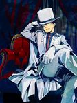  armchair bad_id bad_pixiv_id cape chair crossed_legs curtains formal gloves hat head_rest kaitou_kid kuroba_kaito looking_down male_focus meitantei_conan monocle necktie sitting solo suit top_hat ydk007 