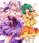  \m/ bare_shoulders blue_eyes blush bow breasts choker cleavage corset esueichi gloves green_hair hand_on_hip heart long_hair macross macross_frontier medium_breasts microphone multiple_girls open_mouth pink_hair ranka_lee red_eyes sheryl_nome short_hair simple_background single_thighhigh skirt small_breasts smile star thighhighs white_legwear zettai_ryouiki 