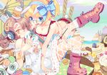  animal_ears bad_id bad_pixiv_id bandaid bandaid_on_arm bandaid_on_forehead bandaid_on_nose blonde_hair blue_eyes blue_nails bow bracelet breasts bunny_ears bunny_tail cake cleavage coffee drinking drinking_straw fingernails fishnet_pantyhose fishnets food glasses hair_bow hair_ornament hairclip headphones highres intravenous_drip jewelry long_fingernails macaron medium_breasts multicolored multicolored_nails multiple_girls nail_polish original pantyhose parasol ponytail product_placement red_nails serenade_(sinohi) shorts starbucks tail umbrella yellow_eyes 