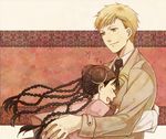  1girl alphonse_elric black_hair blush braid closed_eyes couple fullmetal_alchemist fuyufuchi happy height_difference hetero hug long_hair may_chang multiple_braids open_mouth short_hair yellow_eyes 