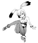  animal_ears ankle_cuffs arm_support bow bowtie breasts breasts_outside bunny_ears bunnysuit fishnet_pantyhose fishnets greyscale high_heels highres medium_breasts monochrome nipples original pantyhose short_hair solo tonpu wrist_cuffs 