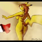  anthro back back_turned black_nose breasts brown_hair butt claws dracojeff female fur green_eyes grin hair long_hair looking_at_viewer looking_back lyn_vautour nintendo nude pikachu pok&#233;mon pok&#233;morph pok&eacute;mon ponytail ratchetsly shower side_boob smile solo standing tail towel video_games yellow_fur 