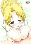  1girl areolae blonde_hair blue_eyes blush breast_squeeze breasts censored cum cum_on_body cum_on_breasts cum_on_upper_body ejaculation highres hornet_(artist) huge_breasts kneeling ladies_versus_butlers! long_hair looking_away nipples nude open_mouth paizuri penis sernia_iori_flameheart simple_background smile standing 