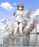  brown_hair building buruma cloud copyright_request day destruction eichikei_(hakuto) giantess gym_uniform musical_note sky smile smoke solo spoken_musical_note 