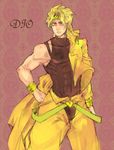  1boy abs bangle blonde_hair bracelet character_name cropped_jacket dio_brando hand_on_hip headband heart jewelry jojo_no_kimyou_na_bouken leotard male male_focus monster_boy muscle muscles red_eyes sleeveless solo stardust_crusaders yellow_pants 