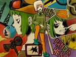  baseball_bat bonnet bubble_blowing chewing_gum goggles green_hair gumi helmet mitori_kimi orange_legwear panda_hero_(vocaloid) pantyhose pink_hair red_eyes short_hair solo television tongue vocaloid 