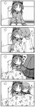  4koma analog_clock blanket clock comic couch greyscale halftone highres kamata_yuuya leaning mahou_shoujo_madoka_magica miki_sayaka monochrome multiple_girls musical_note sakura_kyouko school_uniform silent_comic sitting sleeping wall_clock 