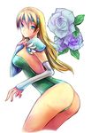  are_(gunnersbloom) are_(pixiv989393) ass blonde_hair blue_eyes breasts celes_chere detached_sleeves female final_fantasy final_fantasy_vi flower headband leotard long_hair plant shoulder_pads solo white_background 