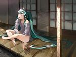  animal animal_on_head barefoot bird bird_on_head blush green_eyes green_hair hatsune_miku indian_style long_hair nemeko on_head sitting solo sparrow twintails veranda very_long_hair vocaloid 