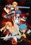  ahoge armor belt black_gloves blonde_hair blue_eyes blue_hair cape claude_kenni coat edge_maverick fayt_leingod fingerless_gloves gloves green_eyes headband male_focus messy_hair multiple_boys official_art pants roddick_farrence scan serious smile space star_ocean star_ocean_first_departure star_ocean_the_last_hope star_ocean_the_second_story star_ocean_till_the_end_of_time sword weapon 