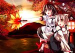  animal_ears autumn_leaves black_hair detached_sleeves fan geta hat hauchiwa inubashiri_momiji leaf maple_leaf mountain multiple_girls rei-ru shameimaru_aya short_hair silver_hair sunset tail tengu-geta tokin_hat touhou wolf_ears wolf_tail 