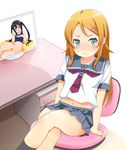  blue_eyes blush k-on! kousaka_kirino nakano_azusa nanako_(artist) one-piece_swimsuit orange_hair ore_no_imouto_ga_konna_ni_kawaii_wake_ga_nai school_swimsuit school_uniform seiyuu_connection seiyuu_joke serafuku swimsuit 