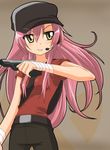  bandaged_hands bandages belt cosplay crossover gun handgun hangaku hat hayate_no_gotoku! headset holding holding_gun holding_weapon katsura_hinagiku long_hair parody pink_hair pistol solo team_fortress_2 the_scout the_scout_(cosplay) weapon yellow_eyes 