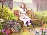  ankle_lace-up basket bench bird birdcage black_legwear book bracelet bread brown_hair cage cross-laced_footwear flower food fountain garden grass hair_flower hair_ornament hairband jewelry long_hair necklace open_book original pantyhose reading shigureteki short_sleeves sitting solo 