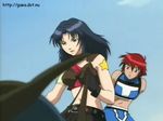  belt black_eyes blue_hair choker couple dragon flying gloves green_eyes long_hair marone_bluecarno midriff navel open_mouth red_hair rid_hershel riding sad short_hair star tales_of_(series) tales_of_eternia tattoo 