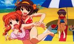  absurdres arm_grab asahina_mikuru barefoot bikini breasts brown_hair eating face feet food fruit hairband hands highres large_breasts multiple_girls nagato_yuki official_art orange_hairband plaid plaid_bikini print_bikini short_hair star star_print striped suzumiya_haruhi suzumiya_haruhi_no_yuuutsu swimsuit takemoto_yasuhiro tears umbrella vertical-striped_bikini vertical_stripes watermelon you_gonna_get_raped 