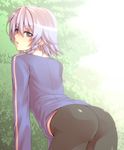  arched_back ass bent_over bike_shorts blue_eyes braid from_behind izayoi_sakuya jacket looking_back no_hat no_headwear short_hair silver_hair solo touhou track_jacket tro twin_braids 