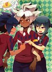  baddap_sleed blue_hair braid dark_skin dark_skinned_male eska_bamel facial_mark food green_hair hajime_(vasu) imagining inazuma_eleven inazuma_eleven_(series) long_hair mistorene_callus multiple_boys ogre_(inazuma_eleven) open_mouth purple_eyes red_eyes saliva soccer_uniform sportswear tattoo white_hair 