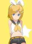  aqua_eyes arms_behind_back bad_id bad_pixiv_id bare_shoulders belt blonde_hair child flat_chest hair_ornament hair_ribbon hairclip kagamine_rin looking_at_viewer midriff navel open_mouth ribbon sailor_collar short_hair shorts simple_background solo tamakorogashi vocaloid yellow_background 