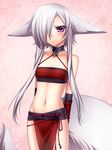  aika_(konshin) animal_ears arms_behind_back bare_shoulders blush hair_over_one_eye konshin long_hair midriff navel original purple_eyes silver_hair solo standing strapless tail tubetop 